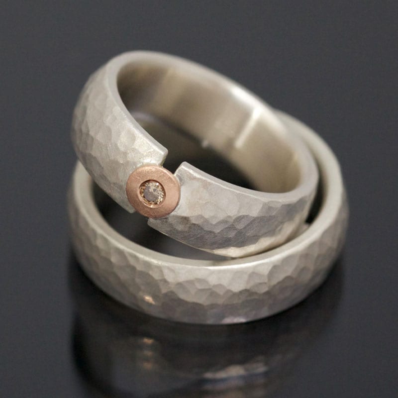 Ringpaar Silber Rotgold Hammerschlag Brillant